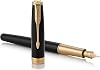 PARKER Sonnet Fountain Pen, Black Lacquer with Gold Trim, Solid 18k Gold Medium Nib