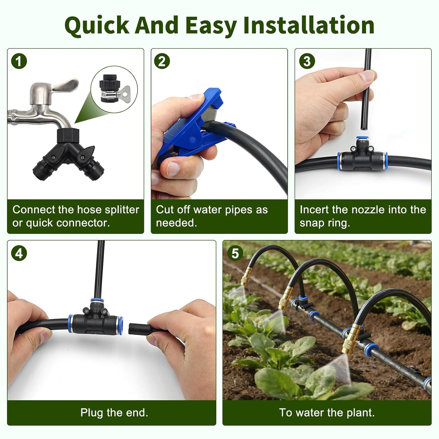 60FT Drip Irrigation System, Automatic Garden Watering Kit with 360° Bendable Hose & 20 Adjustable Nozzles, Water Pressure Powered Sprinkler System for Greenhouse, Lawn, Garden,Yard & Plants