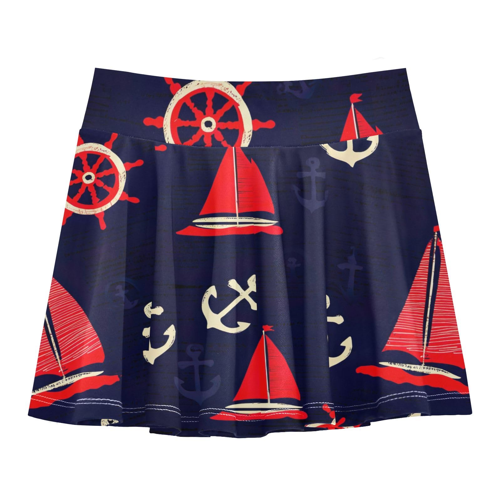 CHIFIGNO Nautical Anchors Dark Blue Girls' Tennis Skirts 2-in-1 Active Athletic Skort Kids Golf Skorts with Shorts Size 11-12