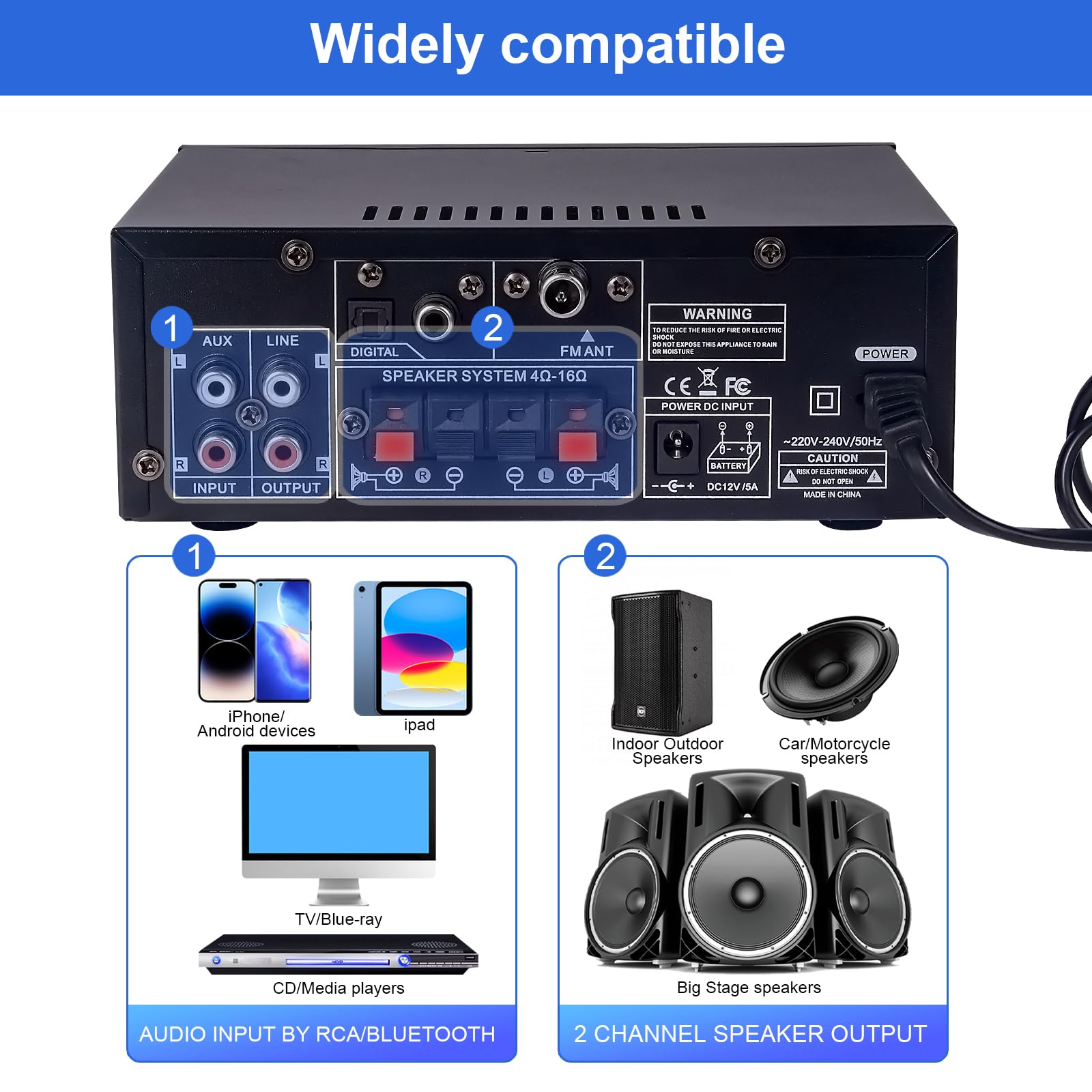 Amplificatore HI-FI Audio 1000W Picco, Bluetooth 5.3, 2 Canali (60W+60W RMS), per Altoparlanti da 10", Controlli Bassi/Alt, AUX/FM/MIC/USB – Per Home Theater e Auto (398A)
