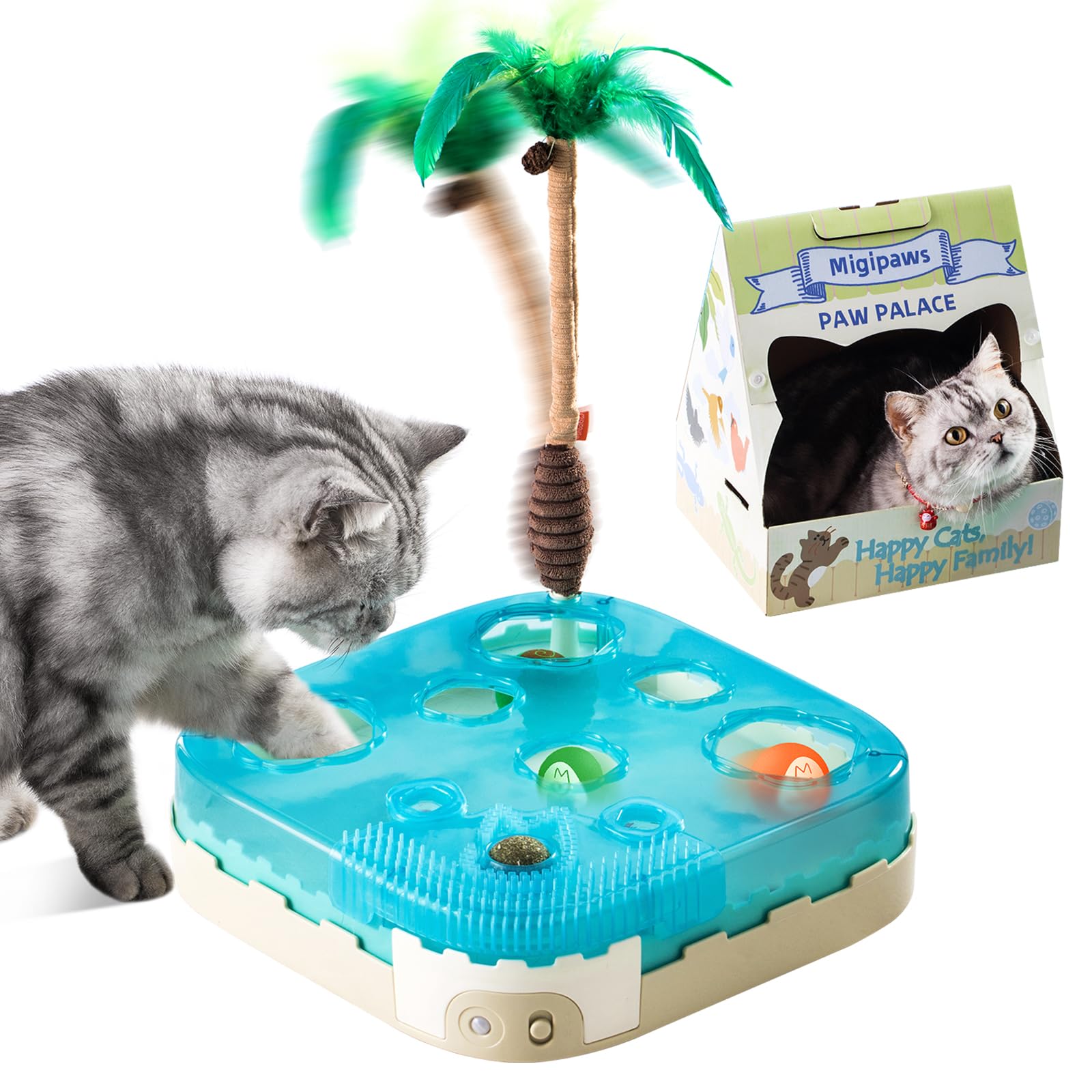 Migipaws 7-in-1 interaktives Katzenspielzeug – Das ultimative Spielzeug für Katzen mit Bewegungssensor, LED-Nachtmodus, Reizstab, Katzenminze-Ball und Schaumstoffbällen für gelangweilte Wohnungskatzen Migipaws Kokosnuss-Insel