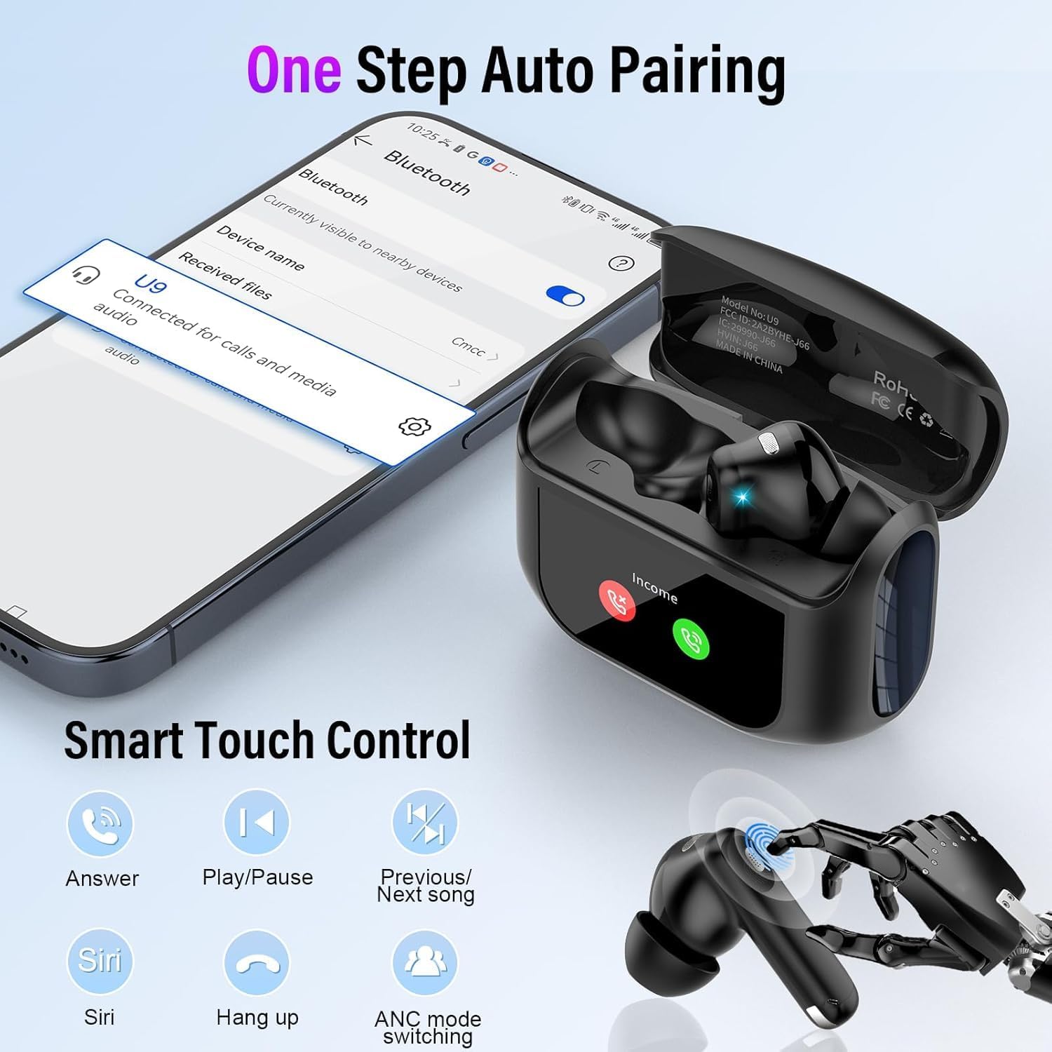 Wireless Earbuds, Bluetooth 5.4 Headphones with Multifunctional Touch Screen, 48H Bass Stereo Ear Buds with ANC/ENC Noise Cancelling/Transparency Mode, IPX7 Earphones with 5 EQ Modes for iOS Android - Image 9