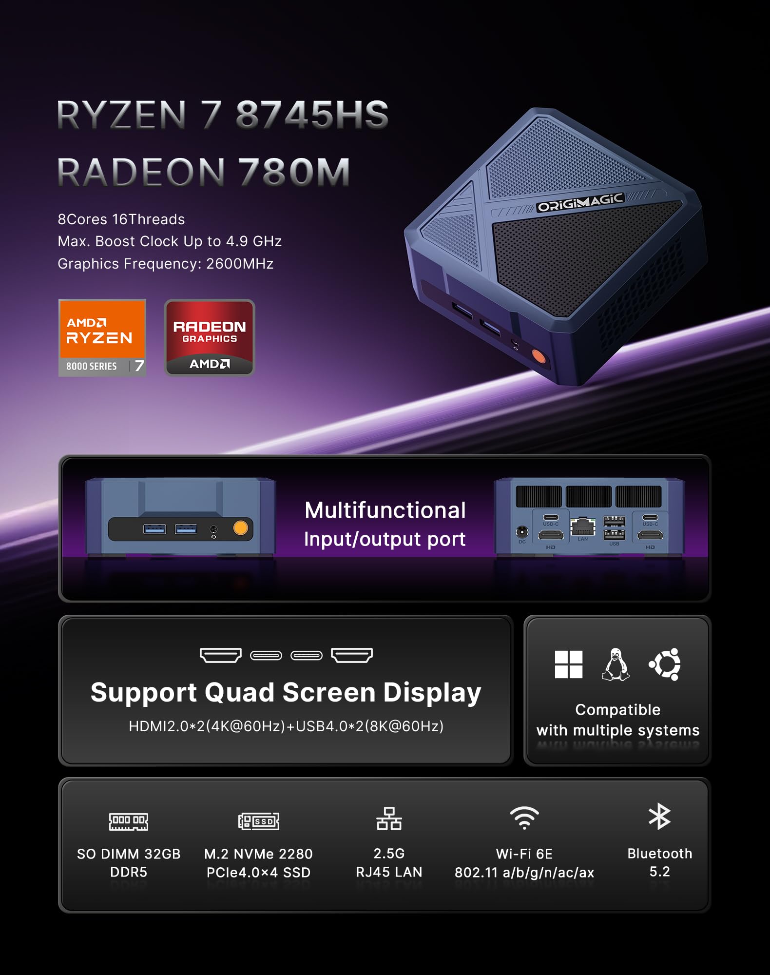 Origimagic A3 Mini PC 11 Pro, Ryzen 7 8745HS(up to 4.9GHz), Gaming