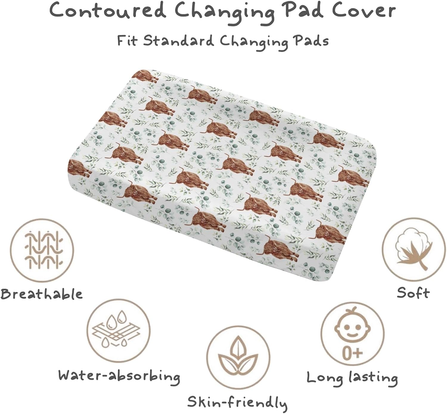 Changing Pad Cover for Baby Girls, 32"/34" x 16" Safe Snug Diaper Change Table Pad Covers, Soft Stretchy Changing Pad Sheets Highland Cow Eucalyptus Leaves Theme Nursery Decor