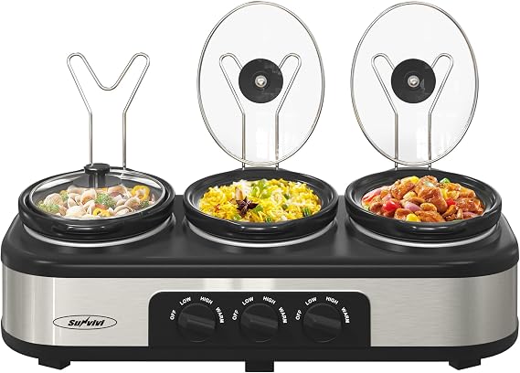 Sunvivi Triple Slow Cooker, Buffet Server & Warmer with 3 Removable Ceramic Pots, 3 Adjustable Temp Settings & 3 Metal Lid Rests, Stainless Steel, 3 * 1.5 Quarts Silver