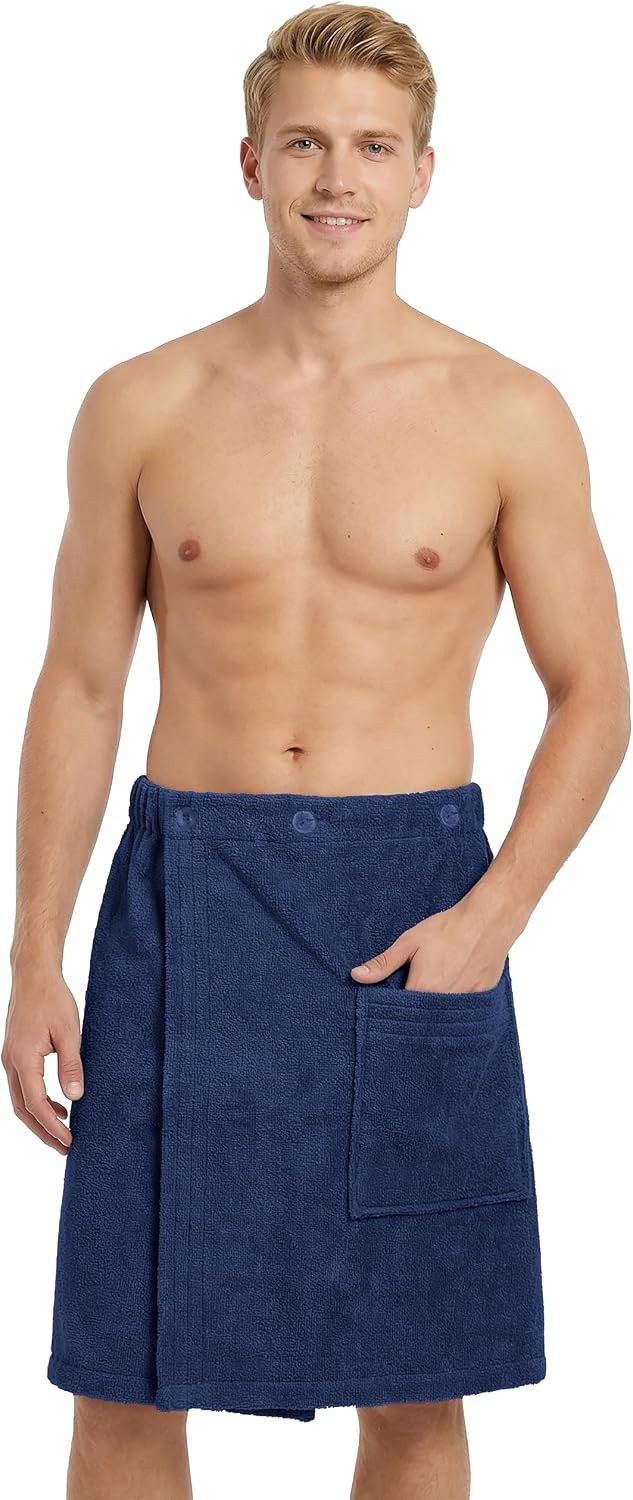 LAYNENBURG Premium Saunakilt Herren mit Knopfverschluss - 100 % Baumwolle – Öko-Tex 100 - Männer Saunatuch - Frottee Sauna-Handtuch, Kilt Gummizug für Wellness, Spa &amp; Sauna (M-XL dunkelblau)