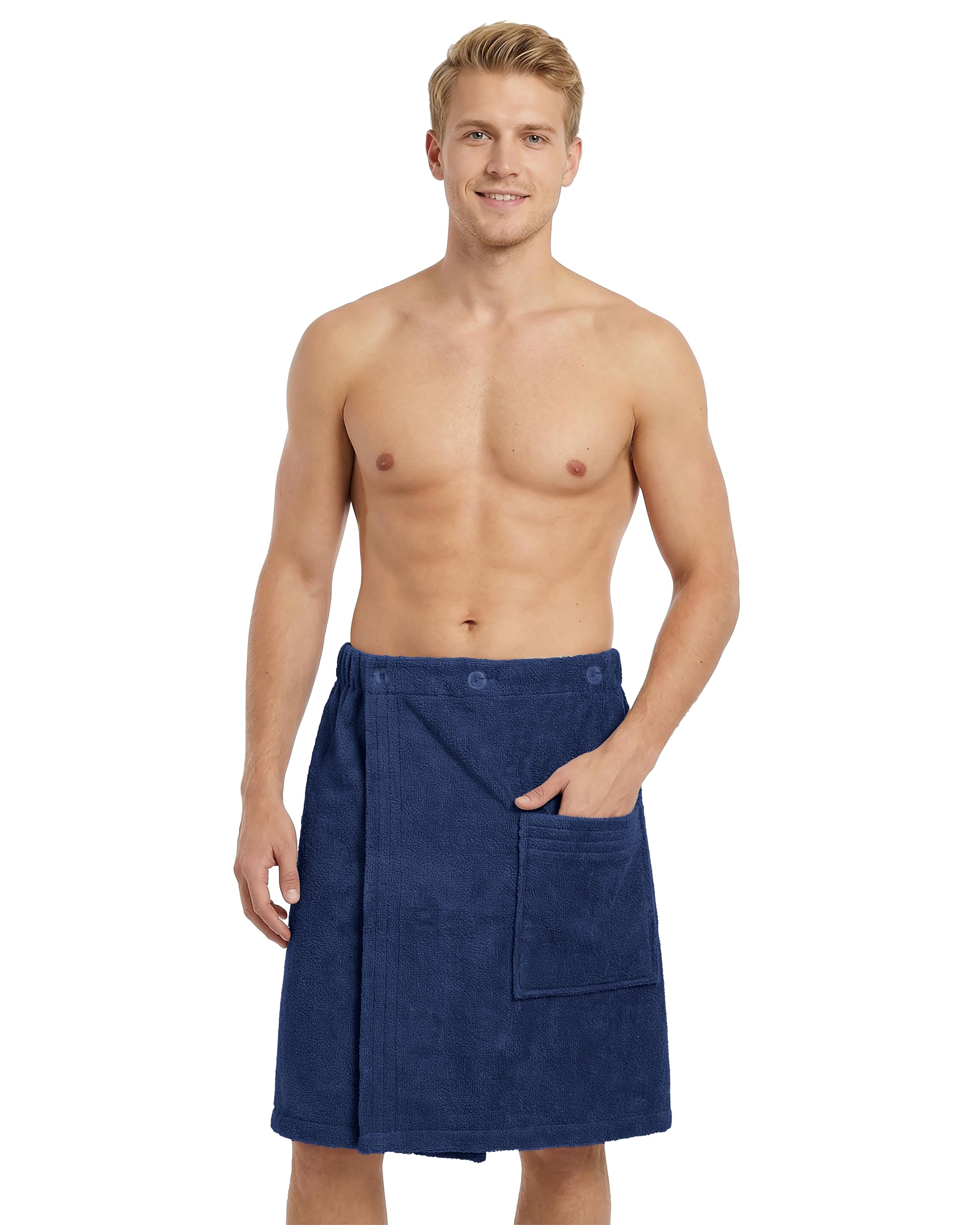 LAYNENBURG Męski kilt do sauny premium z zapięciem na guziki – 100% bawełna – Öko-Tex 100 – męski ręcznik do sauny – frotte, gumowy ściągacz do wellness, spa i sauny (M-XL ciemnoniebieski)