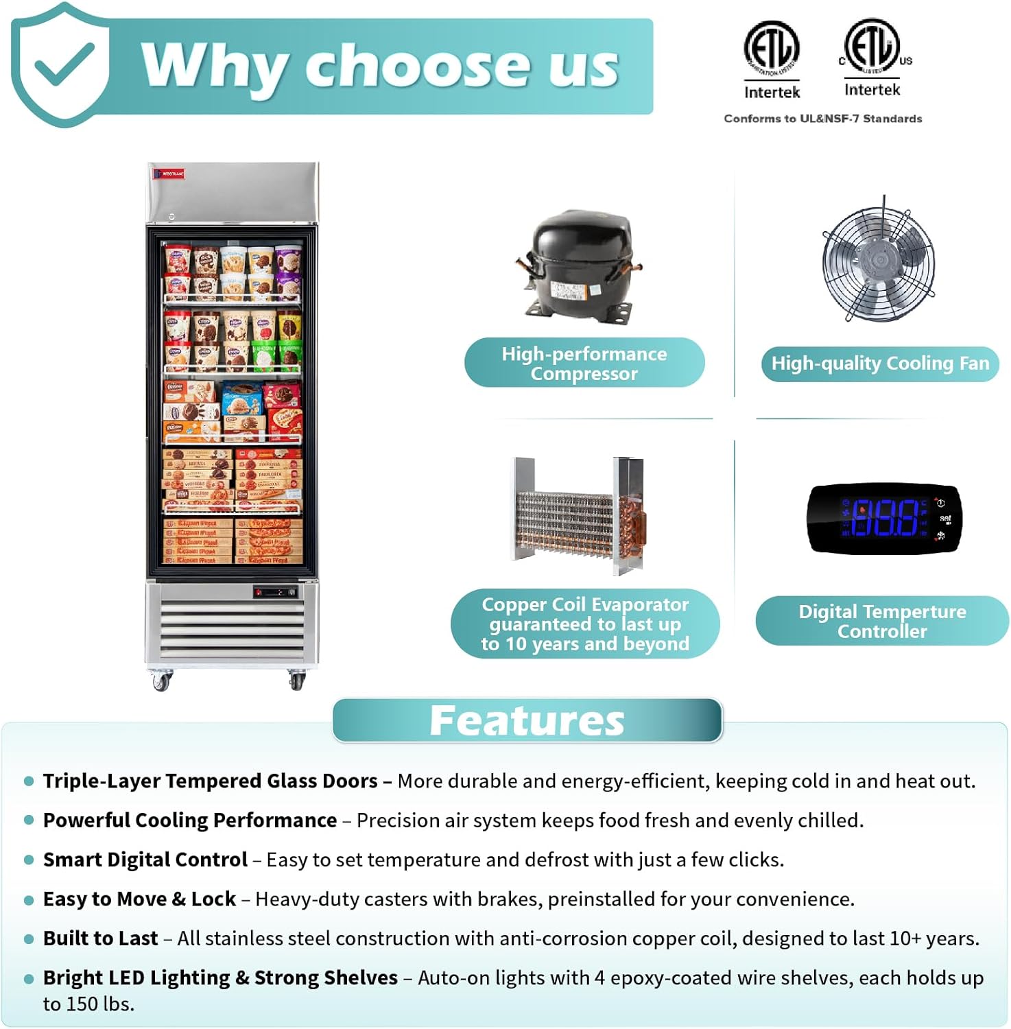 WESTLAKE 27" W Commercial Display Freezer Single Glass door 23 Cu.ft Stainless Steel Merchandiser Reach-in Upriht Fan Cooling Digital Temperature Control Display Freezer for Restaurant, Bar, Shop, etc