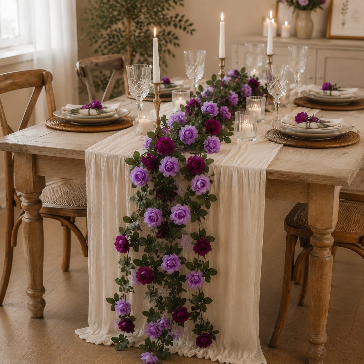 LZJDHKJ 6Pcs Artificial Flower Garland Silk Fake Flower Greenery Vines for Wedding Home Party Table Runner Centerpiece Decoration Purple,One Size