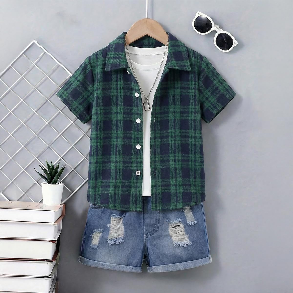 Boys 2 Piece Summer Outfit Set Plaid Short Sleeve Button Down Shirt and Faux Denim Distressed Shorts Kids 3-9