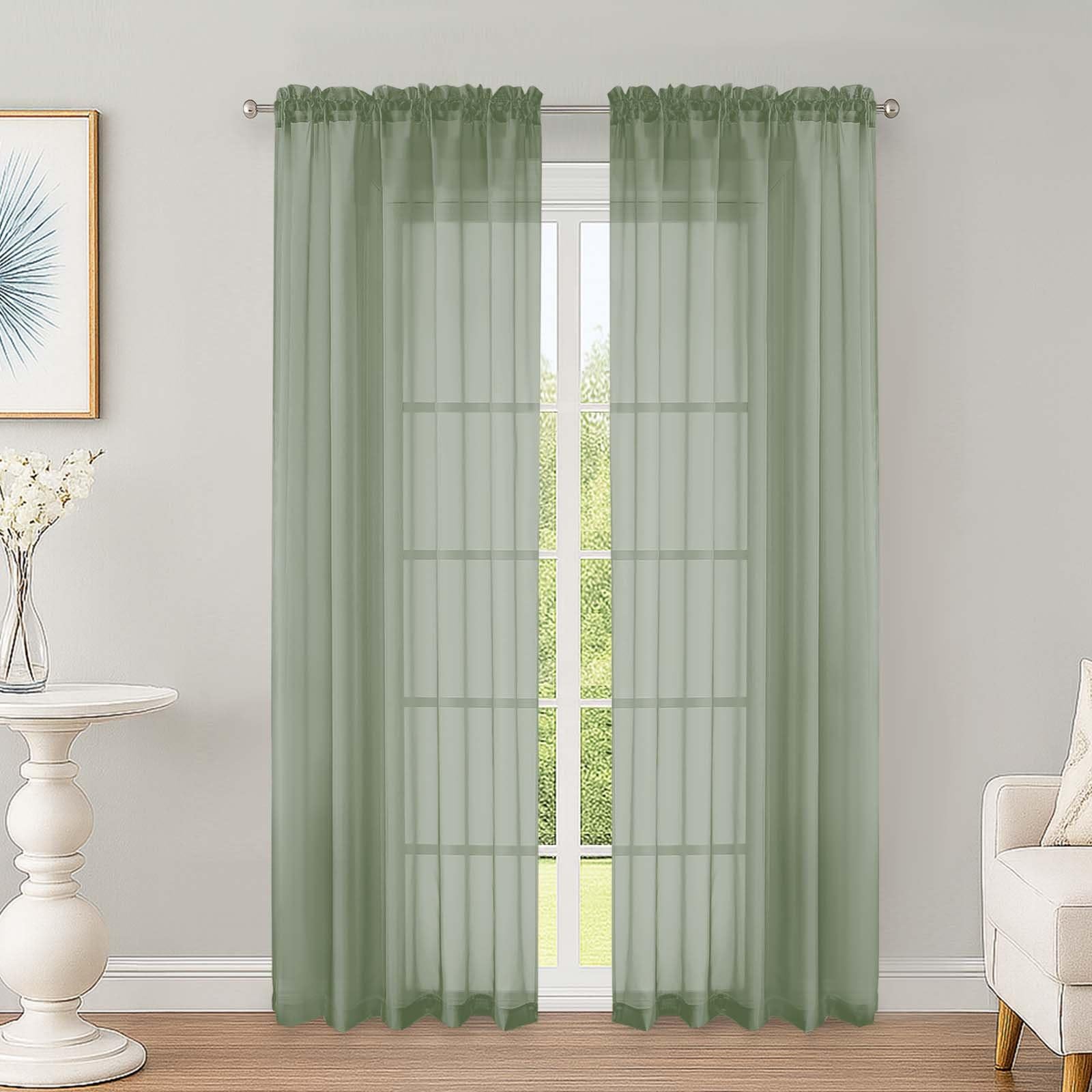 OWENIE Sage Green Sheer Curtains 72 inch Length 2 Panels Set, Rod Pocket Voile Fimly Sheer Drapes for Living Room/Bedroom, 2pcs, Each 52" W x 72" L