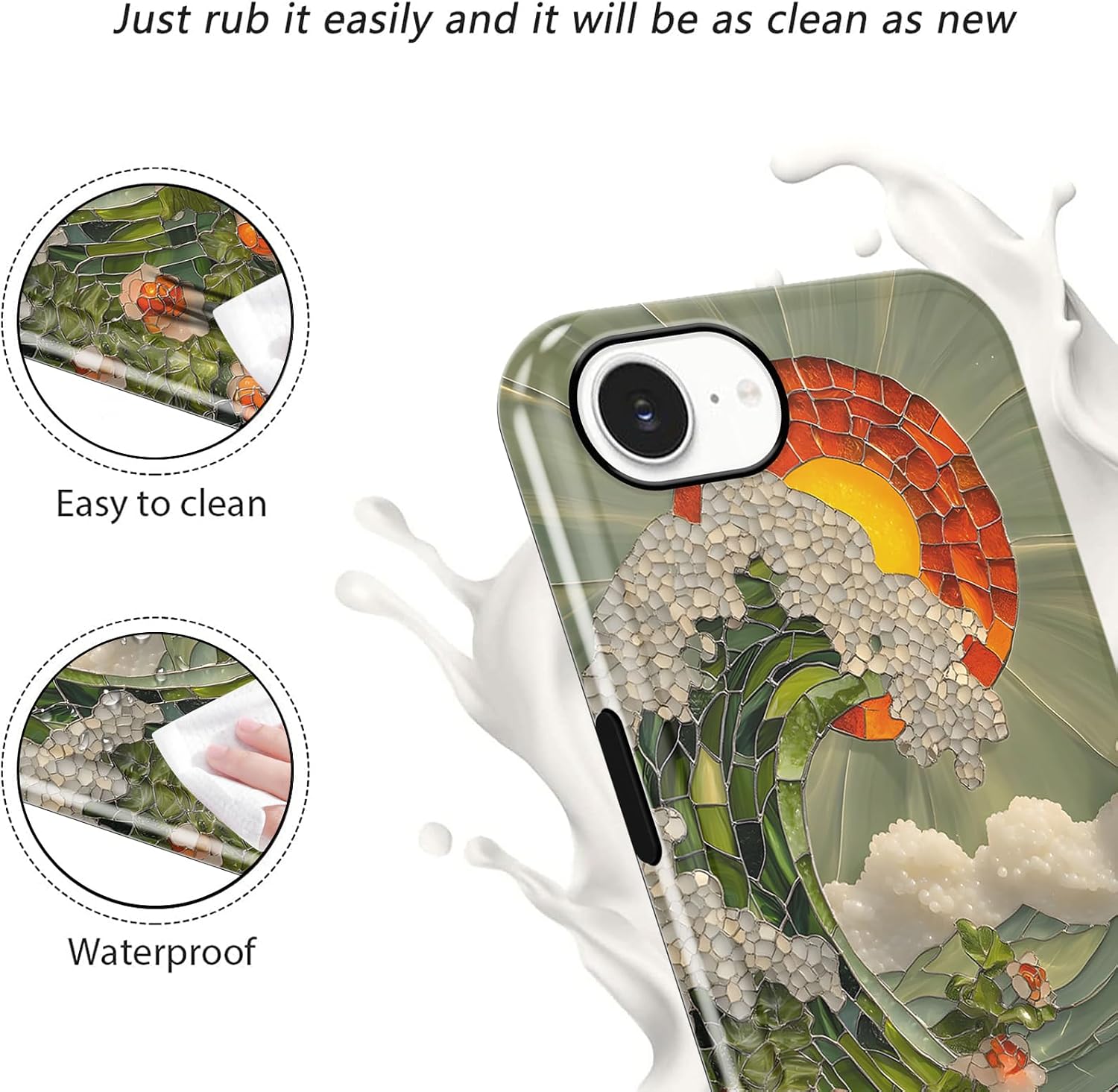 Aesthetic Stained Glass Print Phone Case for iPhone 16e 6.1",Retro Cute Ocean Sun Waves Rays Cases Trendy Cover for Girls Women,Hard PC Soft Slim Protective Funda for iPhone 16e image 4