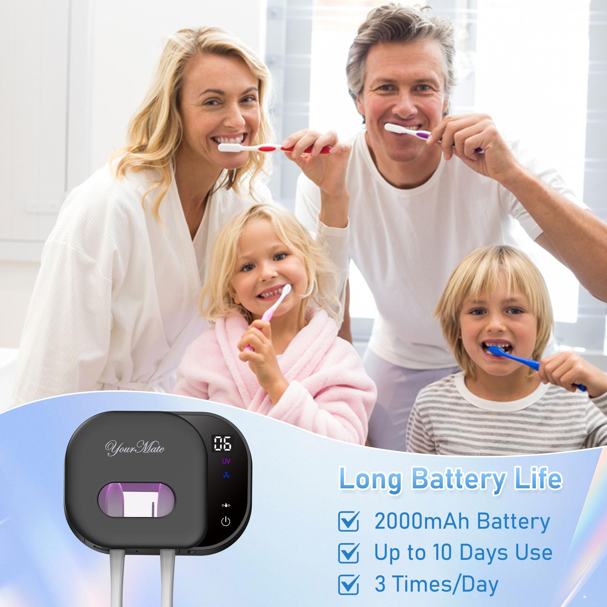 YourMate Portaspazzolino per bagno, ricaricabile, da parete, con coperchio e ventola con sensore intelligente, pulizia automatica 5 minuti, 2 slot di tipo