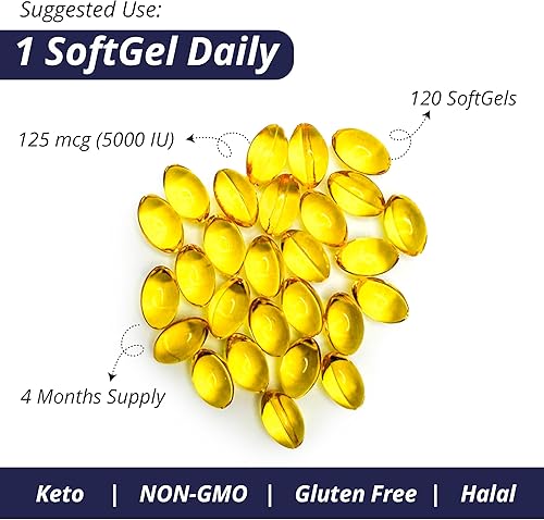 Miniatura 6 de WOW Supplements Vitamina D3 5000 UI cápsulas blandas, 125 mcg  Suplemento de vitamina D3 5000IU para huesos fuertes y apoyo inmunológico  Sin OMG,