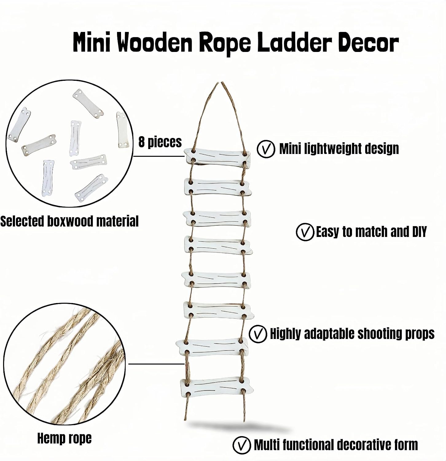 Miniature Fairy Garden Rope Ladder, Wood and Hemp Rope, 11.8 Inch, for Fairy Garden, Terrarium, Micro Landscape, DIY Crafts, Dollhouse Decor