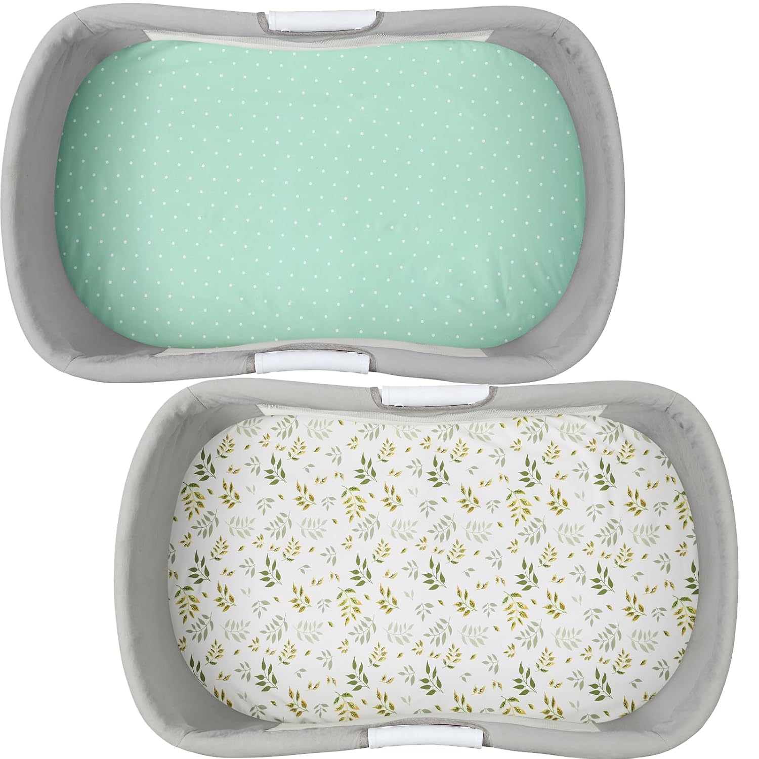 Waterproof Bassinet Sheets, No Need for Bassinet Mattress Pad Cover, 2 Pack Stretch Jersey Knit Super Soft fit for Cradle Oval Rectangle Hourglass Mattress Green Botanical Leaf & Dots