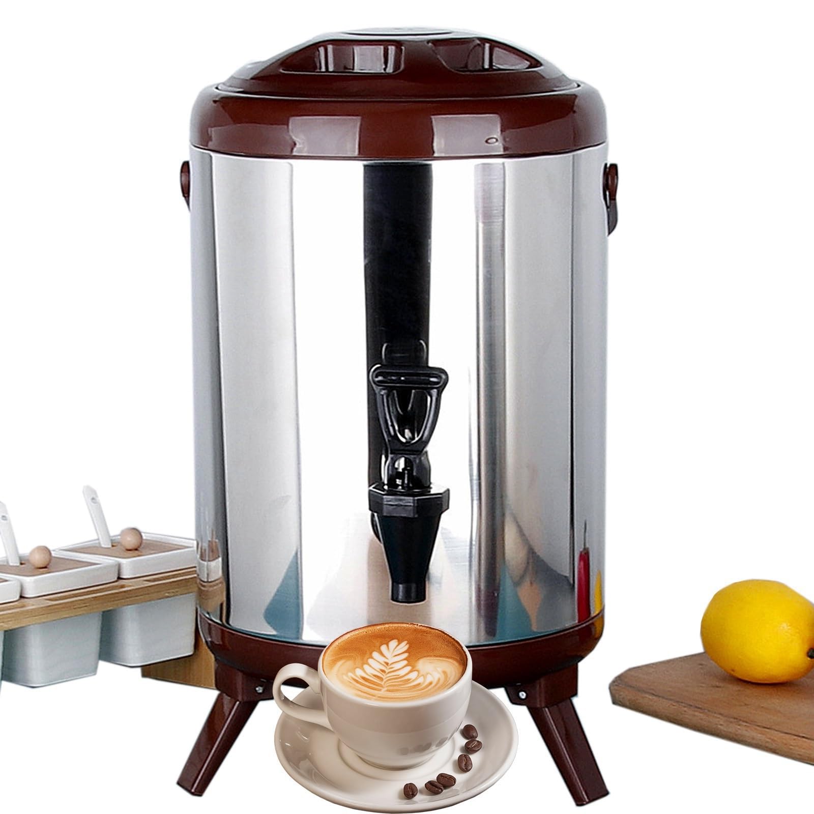 ZMIN Dispensador de Agua Caliente de Acero Inoxidable con Tapa y espita, 6L/8L/10L/12L, Barril Aislado de Gran Capacidad, Cubo de té con Leche, urna de café,B,12L