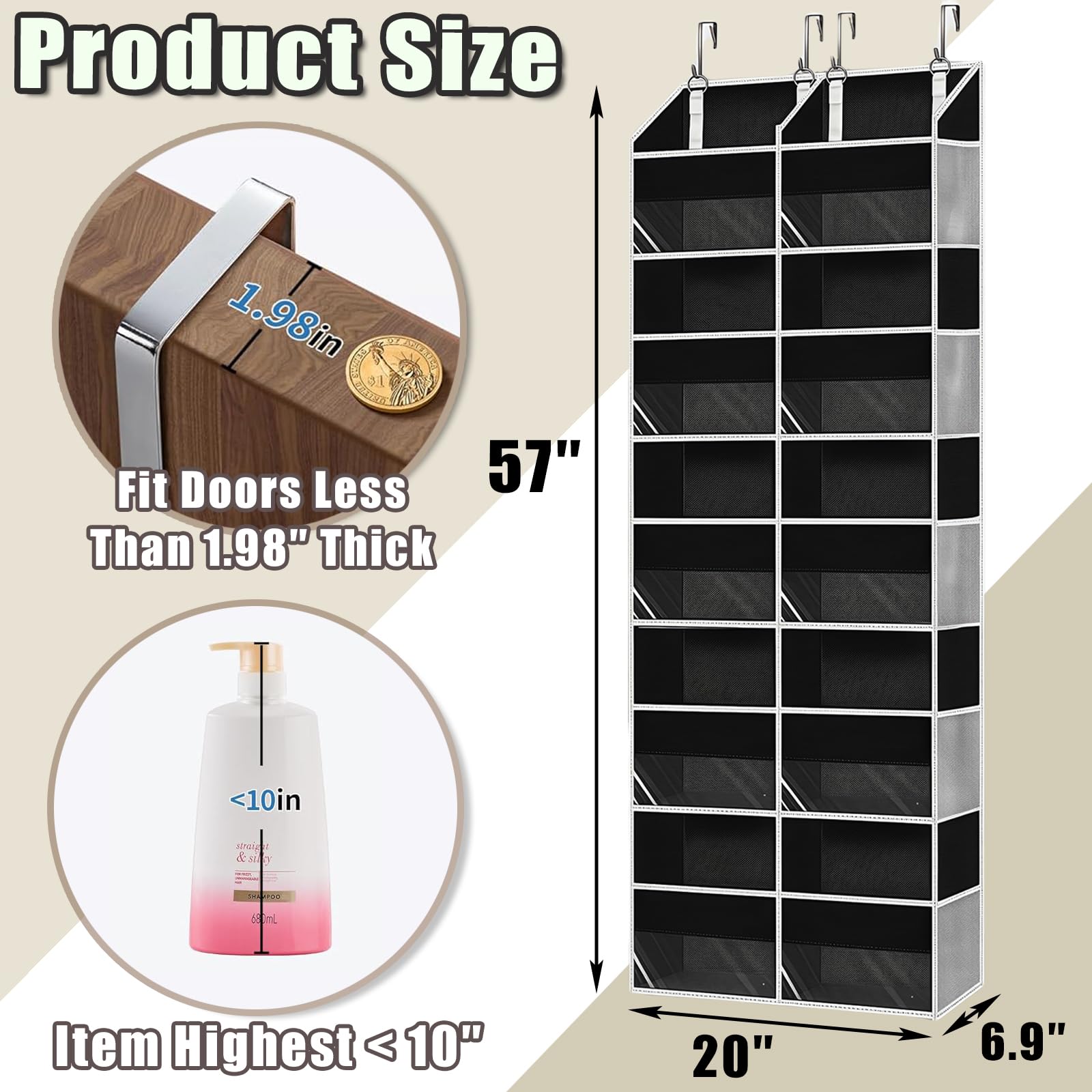 Over The Door Organizer Large Capacity Closet Door Hanging Organizer with 10 Big Pockets and 10 Mesh Pockets Hanging Storage Cloth Bags for Kitchen Bedroom Nursery Behind Door Storage Hangers (Black)