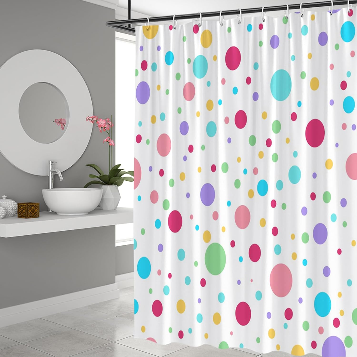 Rainbow Polka Dot Shower Curtain Colorful Geometric Cute White Modern Abstract Bathroom Decor Curtains Polyester Fabric Bath Accessories with Hooks 84Wx70H Inch