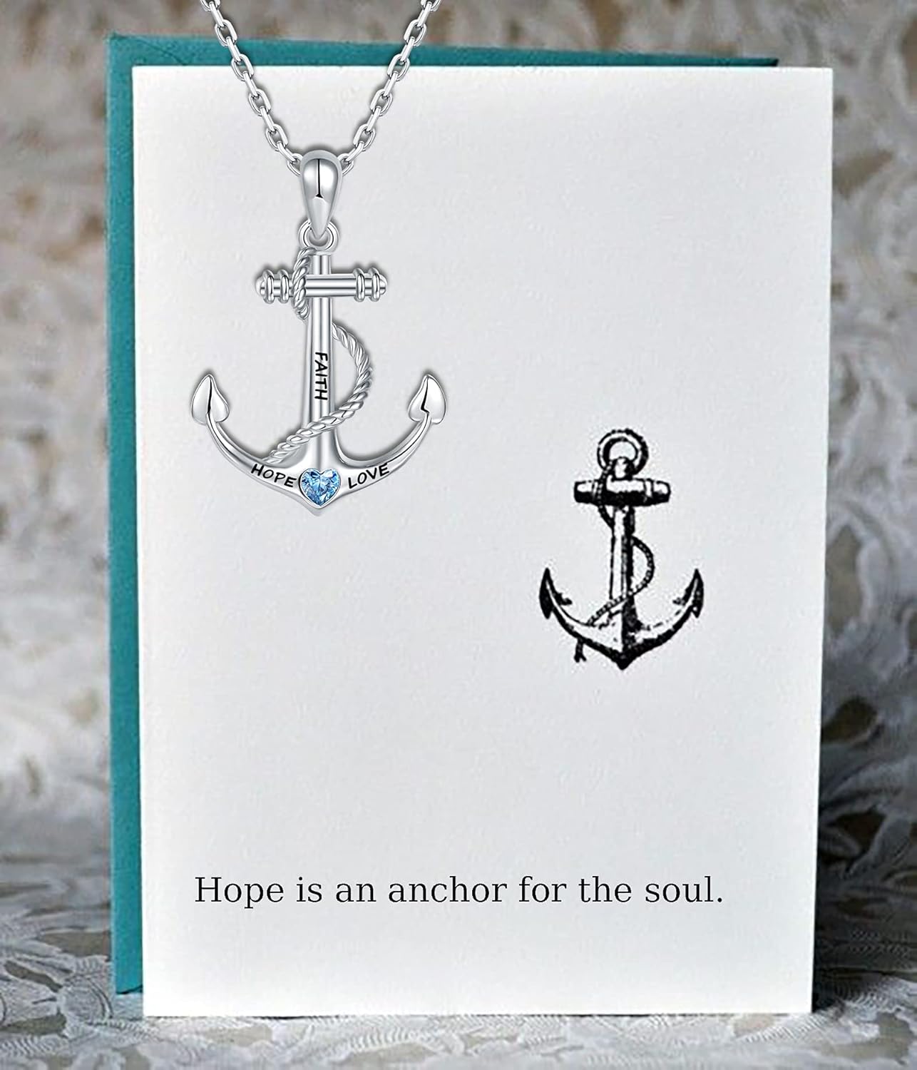 925-Sterling-Silver Sailor Anchor Necklace for Women - White Gold Plated Engraved Ship Nautical Jewelry Chain Faith Hope Love Inspirational Navy Blue Heart Cubic Zirconia Pendant Gifts - Image 4