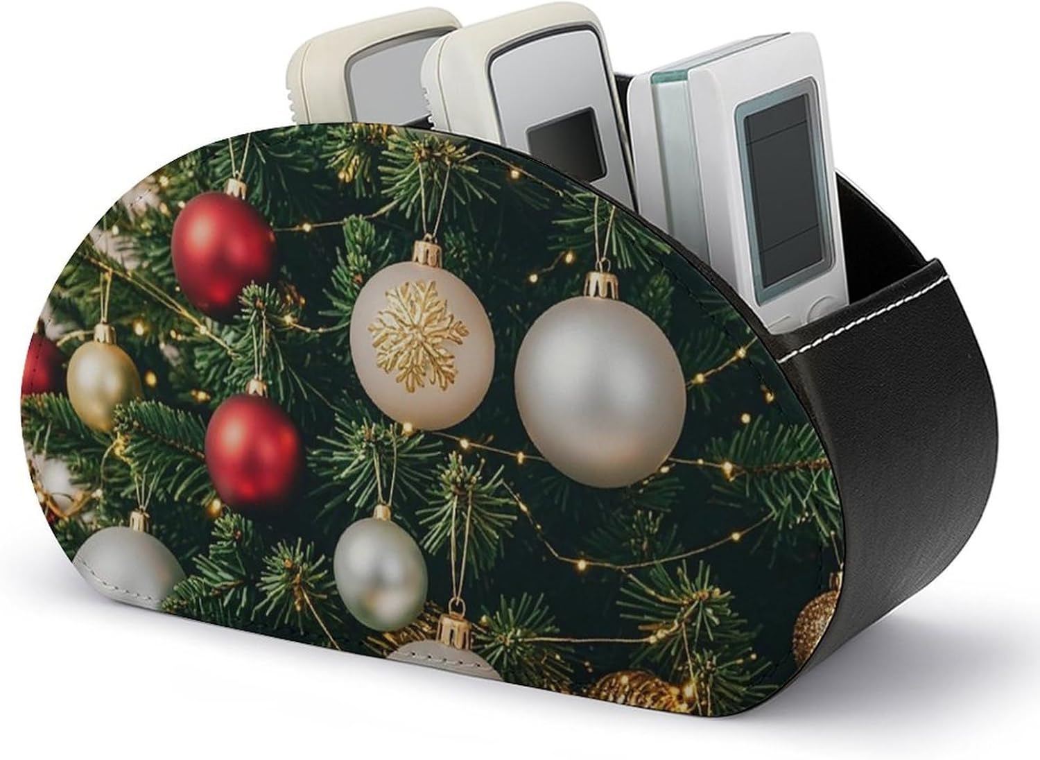 Remote Control Holder 5 Compartments Christmas Tree with Colorful Balls Remote Caddy Supply Organizers PU Leather TV Remote Holder Desktop Organizer Store Controller Home Storage Box