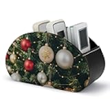 QWJKM Remote Control Holder 5 Compartments Christmas Tree with Colorful Balls Remote Caddy Supply Organizers PU Leather TV Remote Holder Desktop Organizer Store Controller Home Storage Box