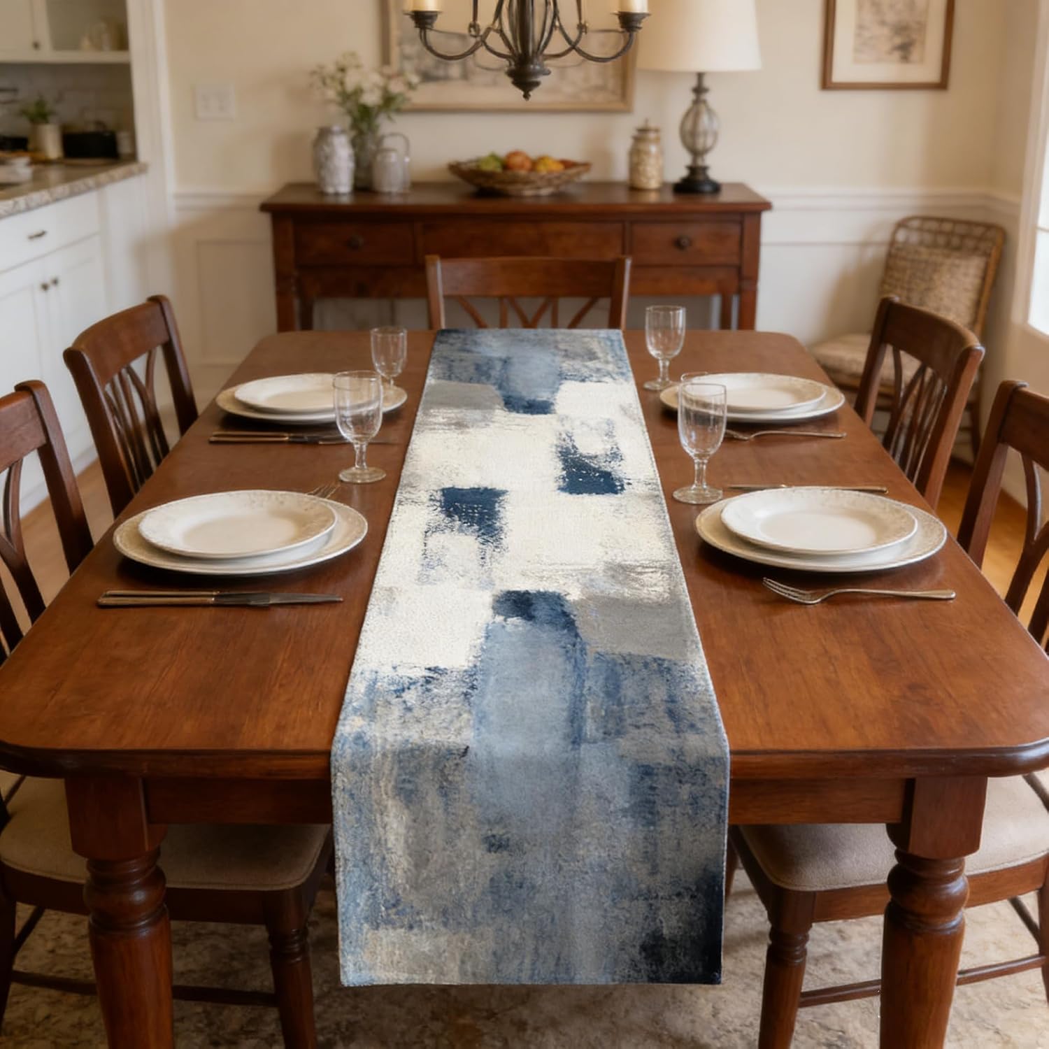 OYIMUA Blue and White Abstract Modern Table Runner, Art Rustic Kitchen Dining Table Decor for Holiday Home Party 13x72 Inches
