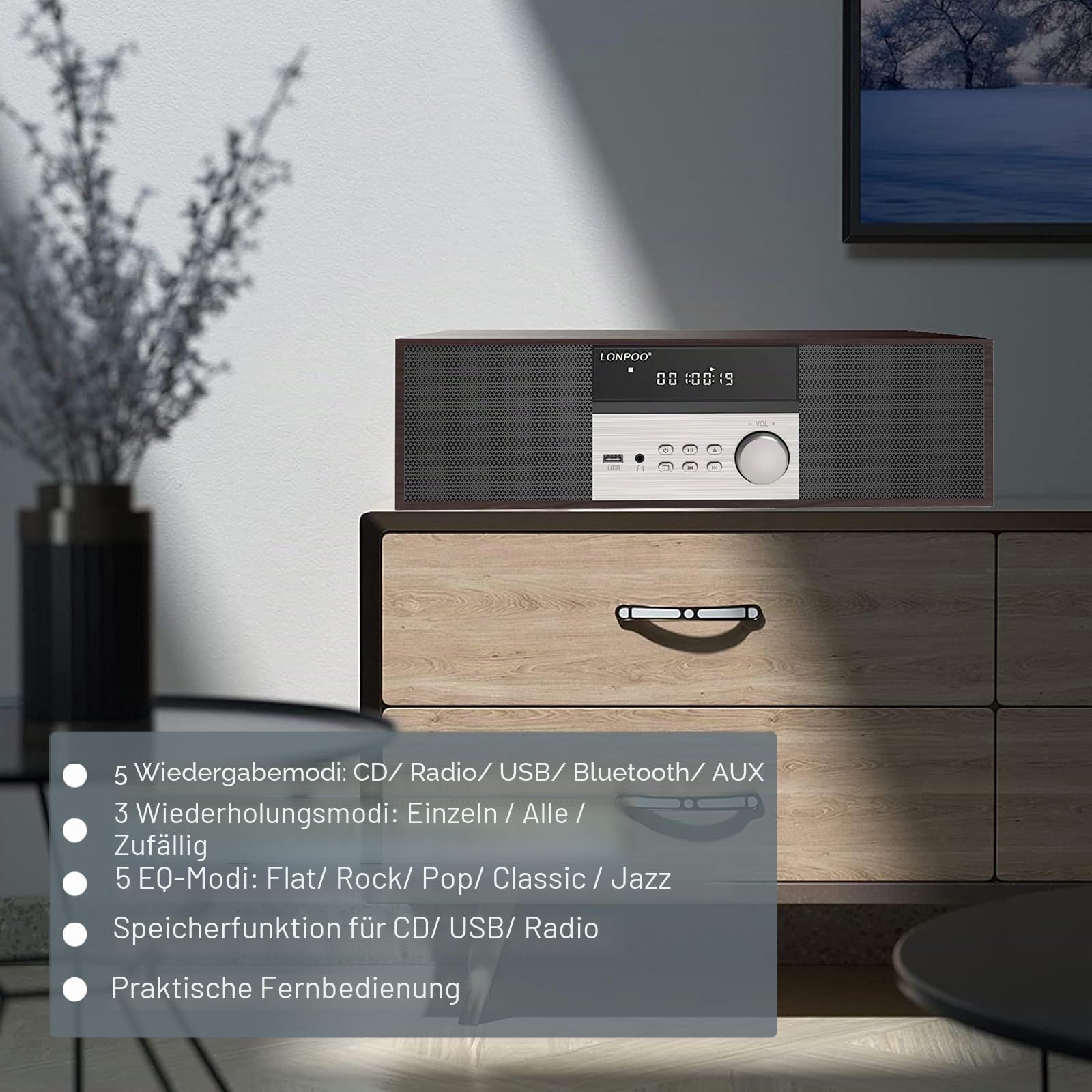 LONPOO Kompaktanlagen Micro HiFi-System, 40W RMS CD-Stereoanlage Musikanlage mit CD-Player, UKW Radio, Bluetooth, AUX-IN, Kopfhörer Ausgang, DSP-Tech, Klänge löschen& Satter Bass Ton