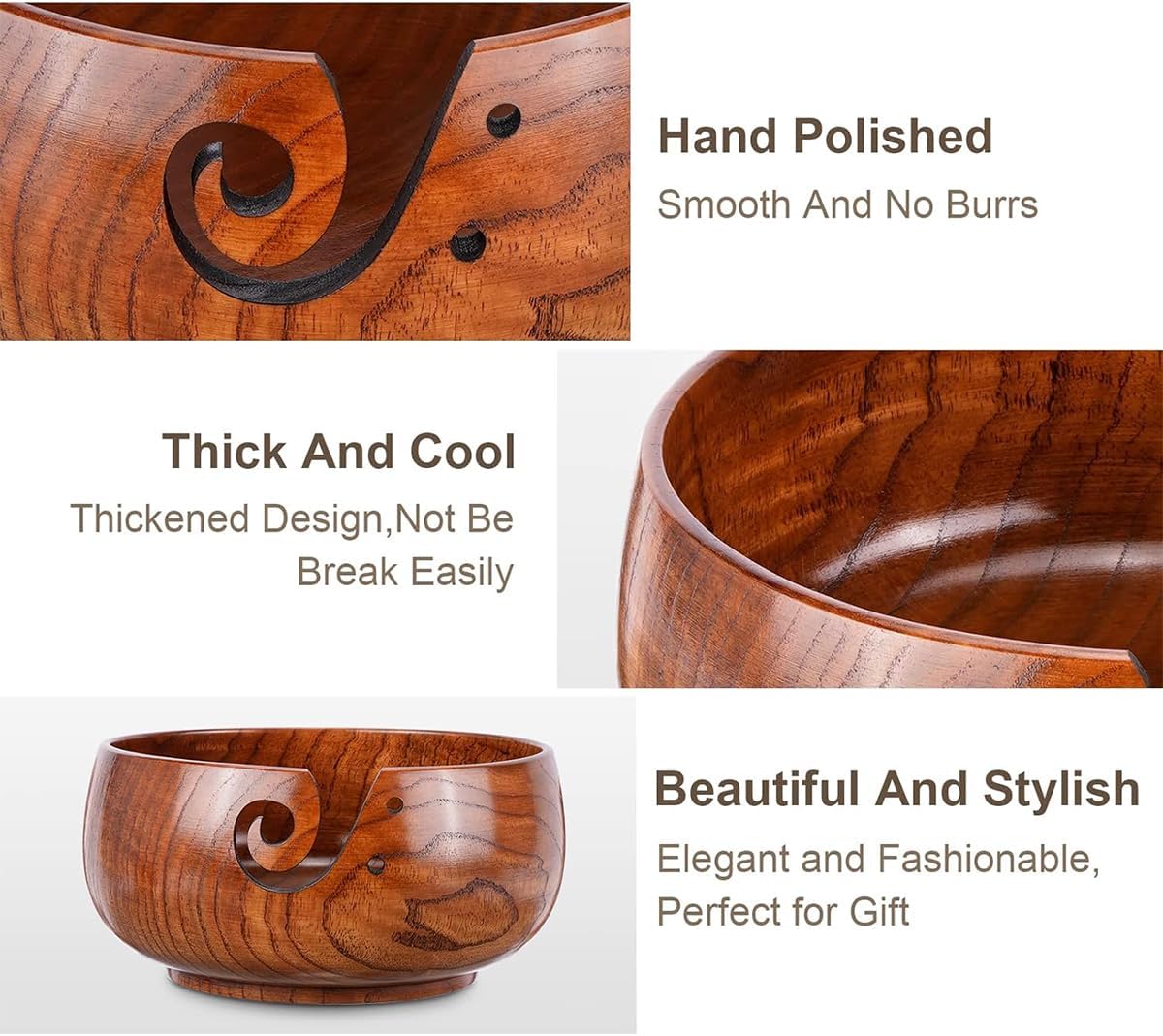 Wooden Yarn Bowl Holder, Craft Knitting Bowl with 9pcs Silicone Crochet Hooks and Crochet Ring, 6 Inch Yarn Storage Crochet Bowl Set Gift for Knitters Women Mother Grandma