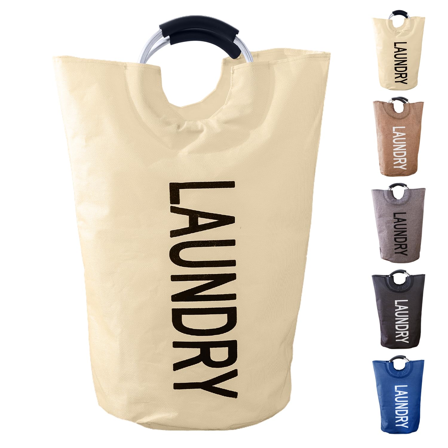 Trimming Shop 40L Beige Collapsible Laundry Basket with Padded Handles - Waterproof, Self-Standing, Foldable Laundry Bag Hamper for Bedroom, Bathroom, Dorm, Laundry Room