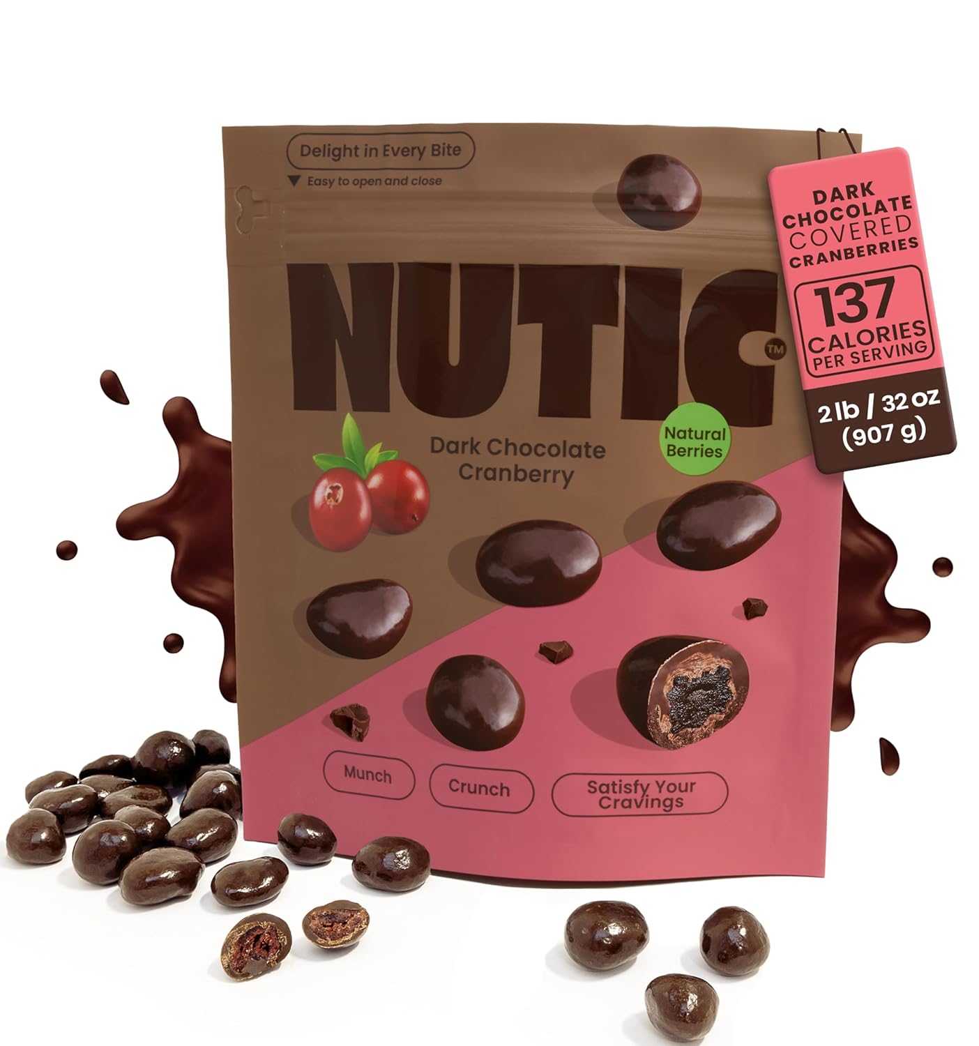 Nutic Dark Chocolate Covered Cranberries - 2LB, Tempting Chocolate-Engulfed Fruit for Holidays and Everyday Treats - Made in the USA - (Pack of 1)