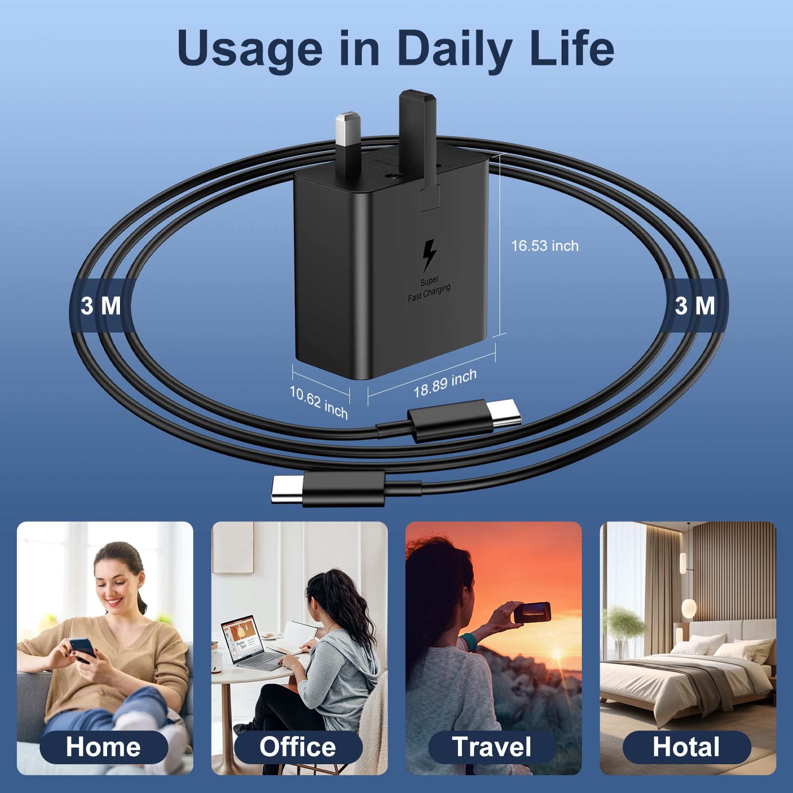 USB C Charger for Samsung Fast Charger USB C Plug & Cable 3M Long 25W Type C Super Fast Phone Charging Android Adaptor UK 2-Pack for Galaxy S26/S25 Ultra/S24/S23/S22/S21/A56/A55/A36/A17/A16/Note 20/10 — view 5
