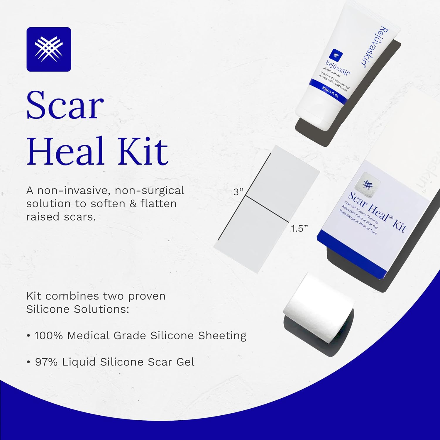Rejuvaskin Scar Heal Kit for Small Scars, Soften, Flatten, Reduce and Recover, Silicone Sheeting, RejuvaSil Gel & Medical Tape, 1.5" x 3"