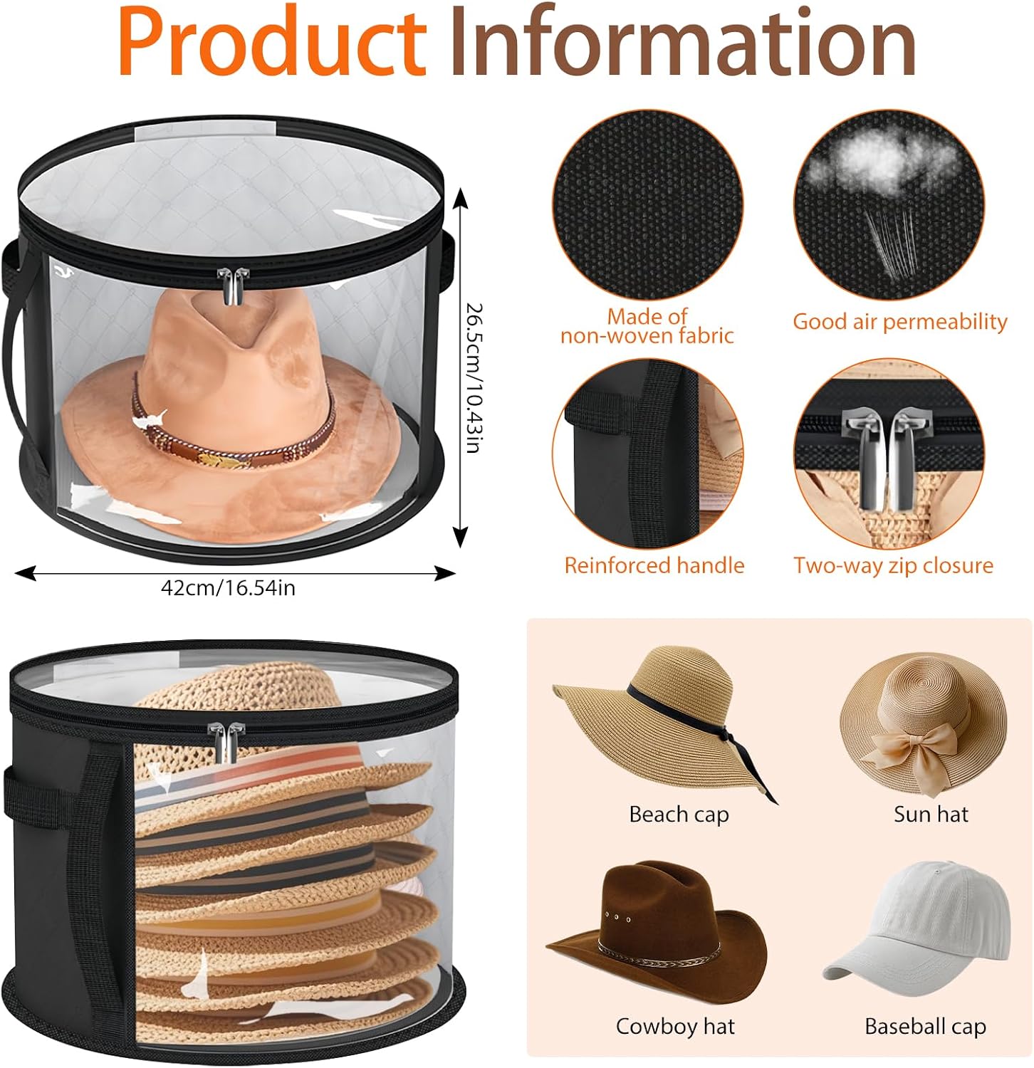 2PCS Extra Large Clear Hat Organizer for Travel and Wardrobe, Holds up to 7 Hats, Round Hat Box Storage for Women & Men,Large Capacity Cowboy Hat Organizer, Oxford Cloth with Carrying Handle(Black)