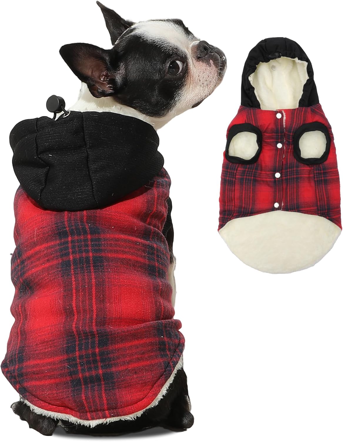 Fleece Lining Dog Hoodie for Small Dogs Extra Warm Plaid Sweater with Drawstring Hooded Coats in Winter Puppy Jacket,Red M Medium (Pack of 1) Red Plaid