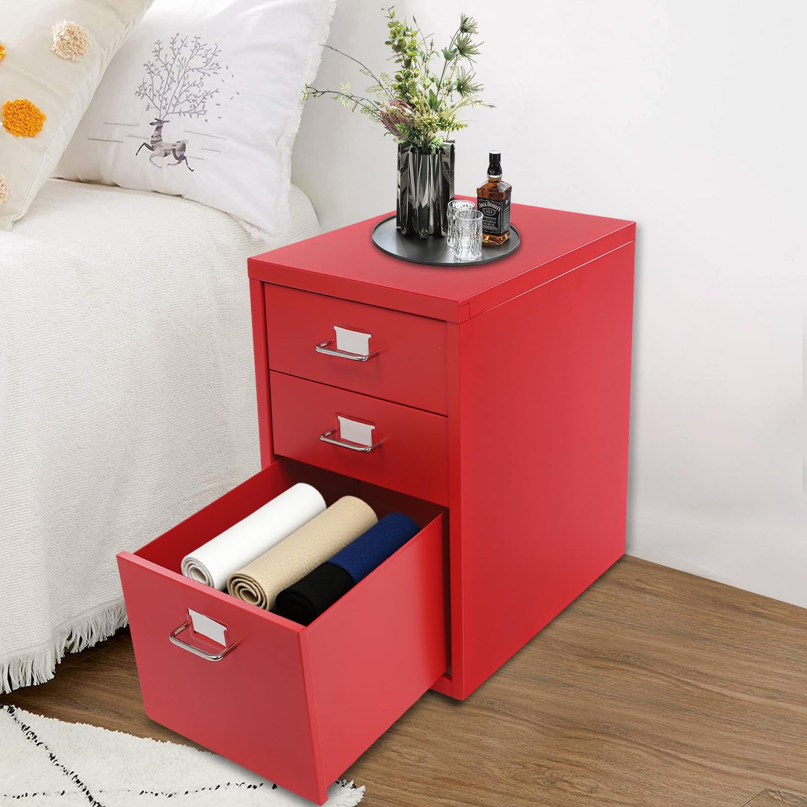 Armadietto mobile con 3 cassetti e ruote – Contenitore in metallo viola per ufficio e casa – Cassettiera salvaspazio per organizzare documenti e utensili (rosso)