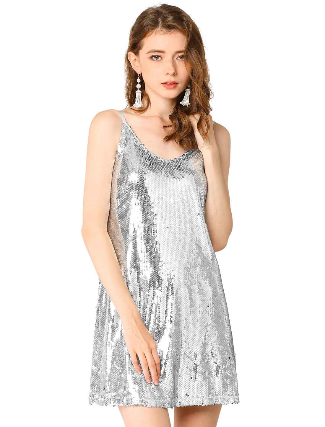 Allegra K Women's Glitter Sequin Dress Spaghetti Strap V Neck Party Cocktail Sparkly Mini Dress Clubwear