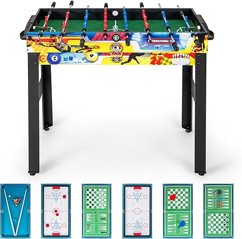 GYMAX Mesa de juego múltiple 12 en 1, mesa de juego combinada de 48 pulgadas con billar, futbolín, ping pong, hockey, tejo, bolos, ajedrez, damas,