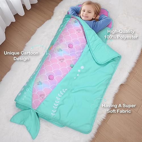 Miniatura 3 de Cloele Tapete para siesta para niños pequeños, tapete para siesta de sirenas para preescolar con almohada extraíble y manta - 53 x 21 pulgadas