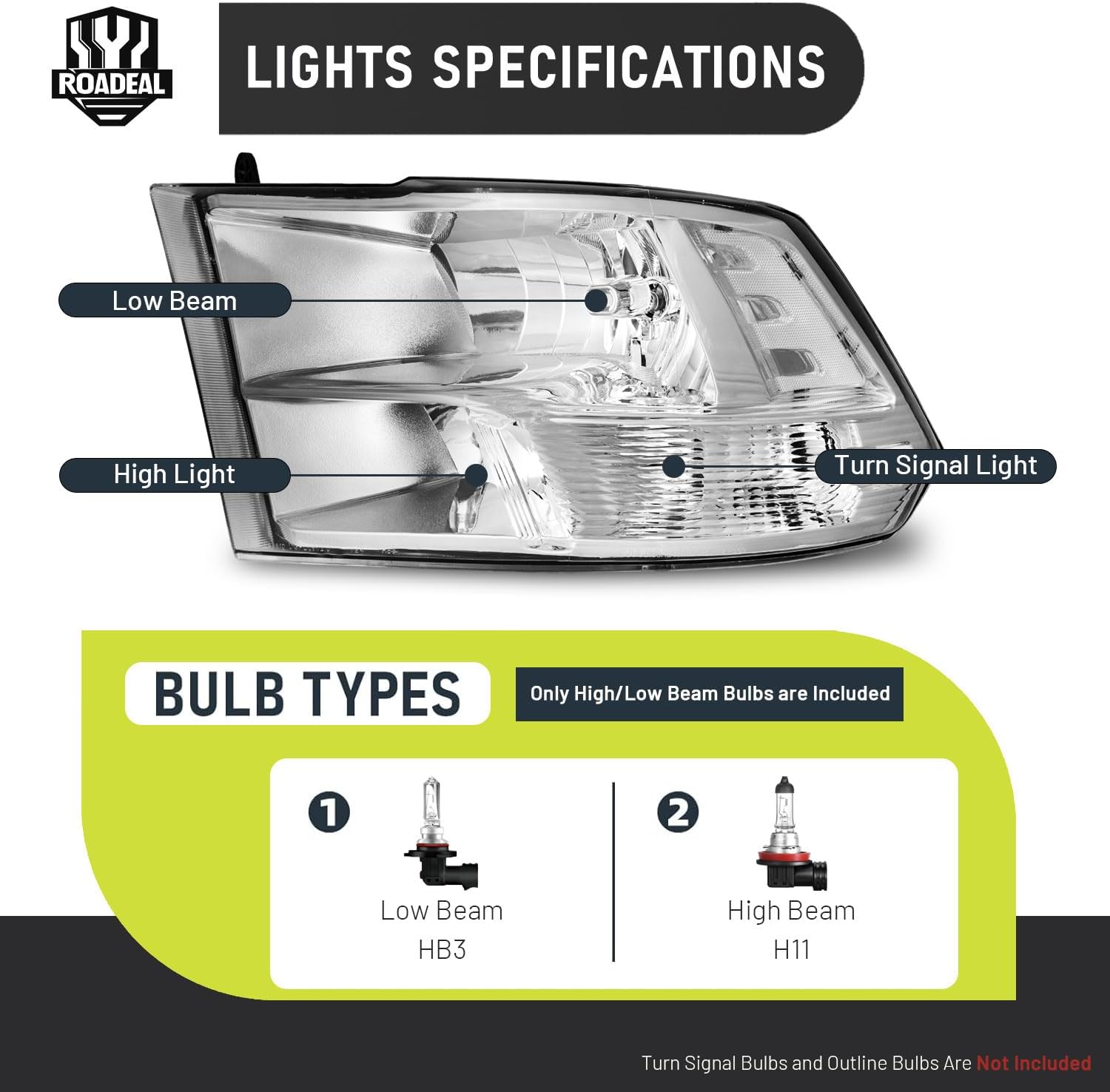 Headlights for 2009-2018 Dodge Ram 1500, for 2010-2018 Dodge Ram 2500 3500 with High/Low beam Bulbs, Driver & Passenger Side(ONLY fit Quad-Hole Single Headlight)