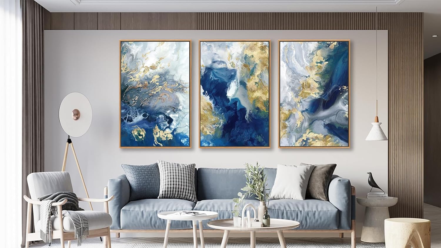 tigeridge Abstract Ocean Framed Wall Art - Rich Blues Canvas Pictures Wall Decor Turquoise Gold Accents Painting Artwork Coastal Prints for Living Room Home Decor 36 x 24in * 3, Natural Wood Frame