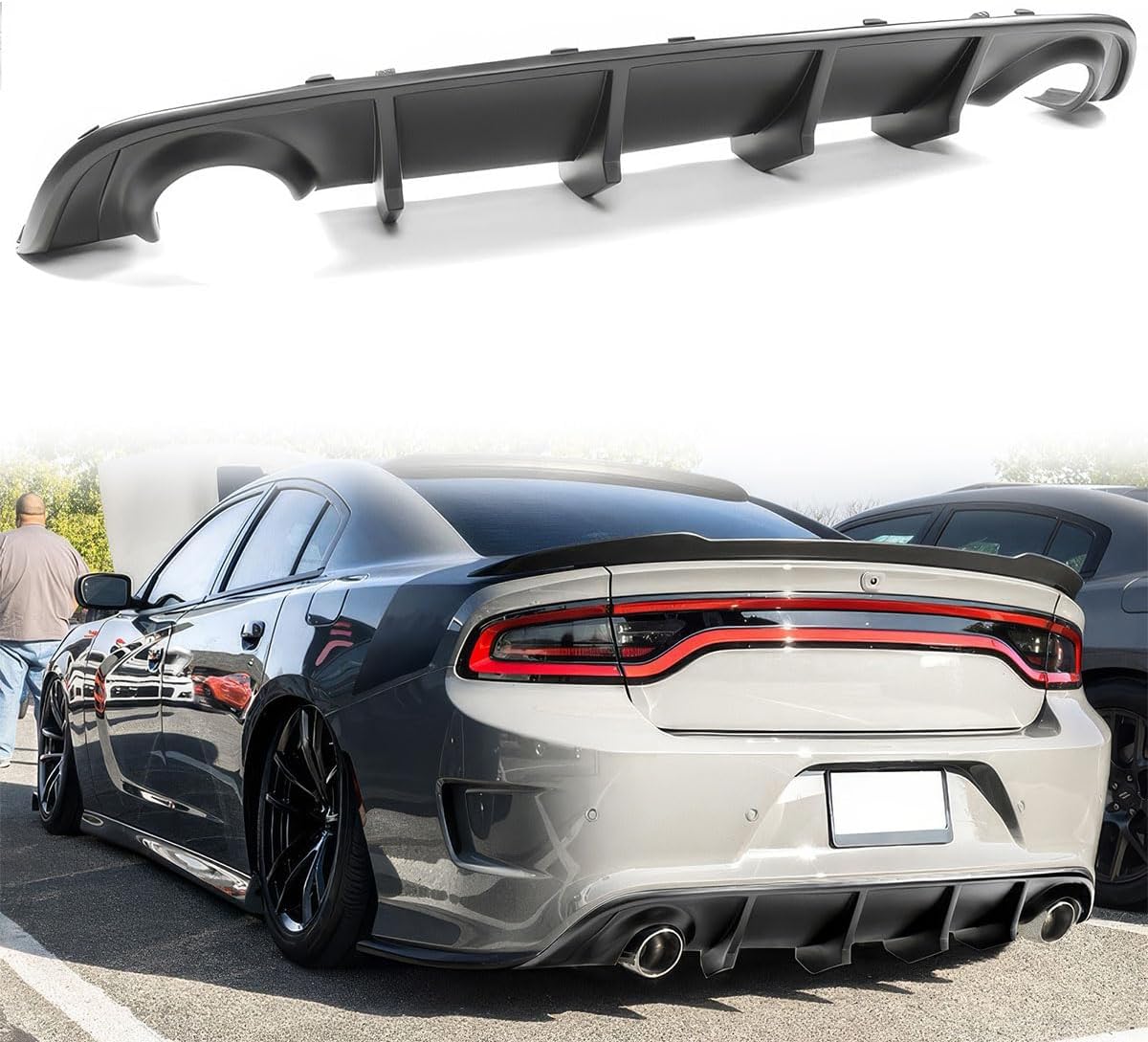 Custom Fit Rear Diffuser + Side Aprons Compatible with 2015-2023 Dodge Charger, PP Rear Bumper Lip Splitter Spoiler Matte Black