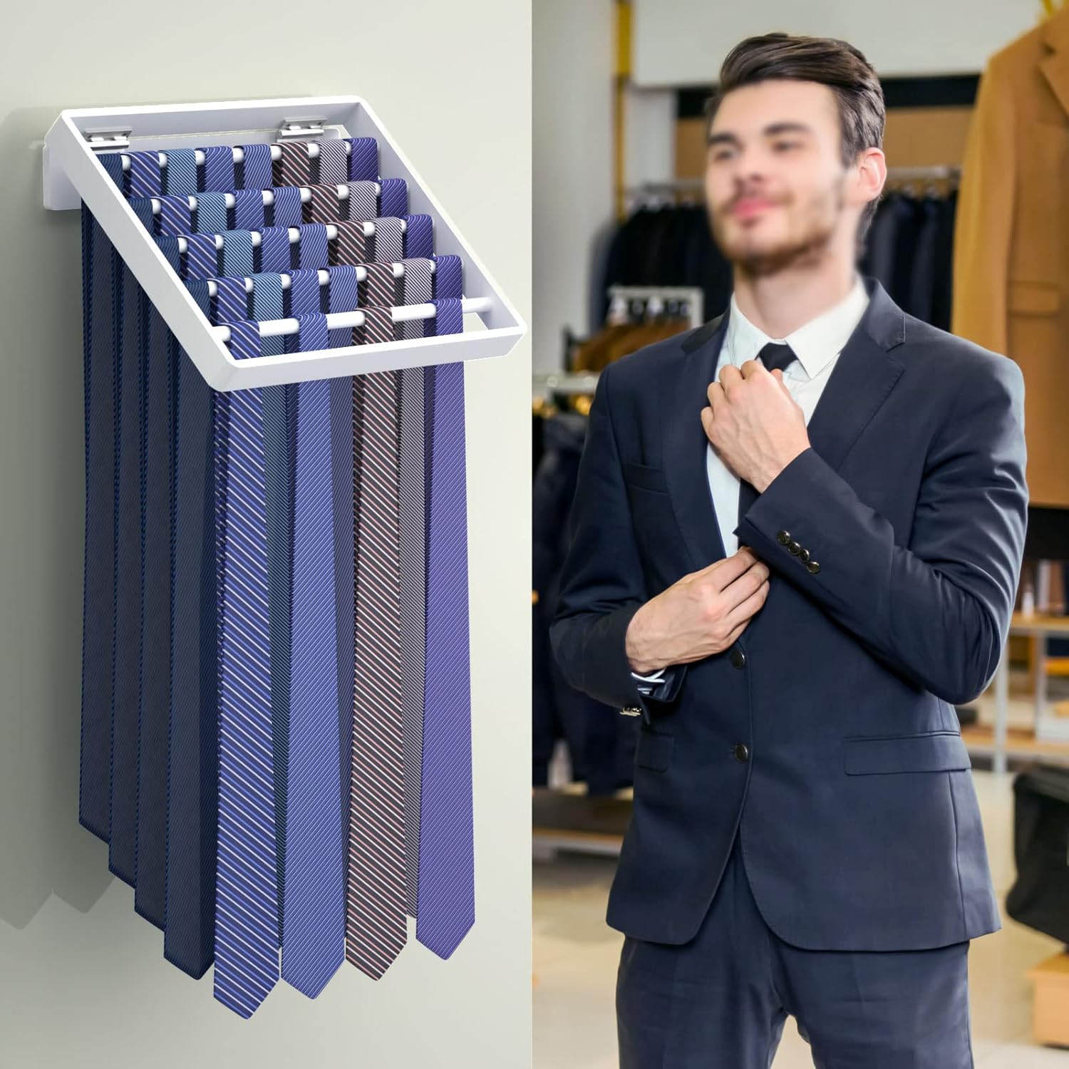 HIIMIEI Tier Organizer Wall Mounted Tie Rack Tie Holder Organizer for Men Stores Up to 50 Ties for Closet Wardrobe Bonus with 50 Tie Clips-White