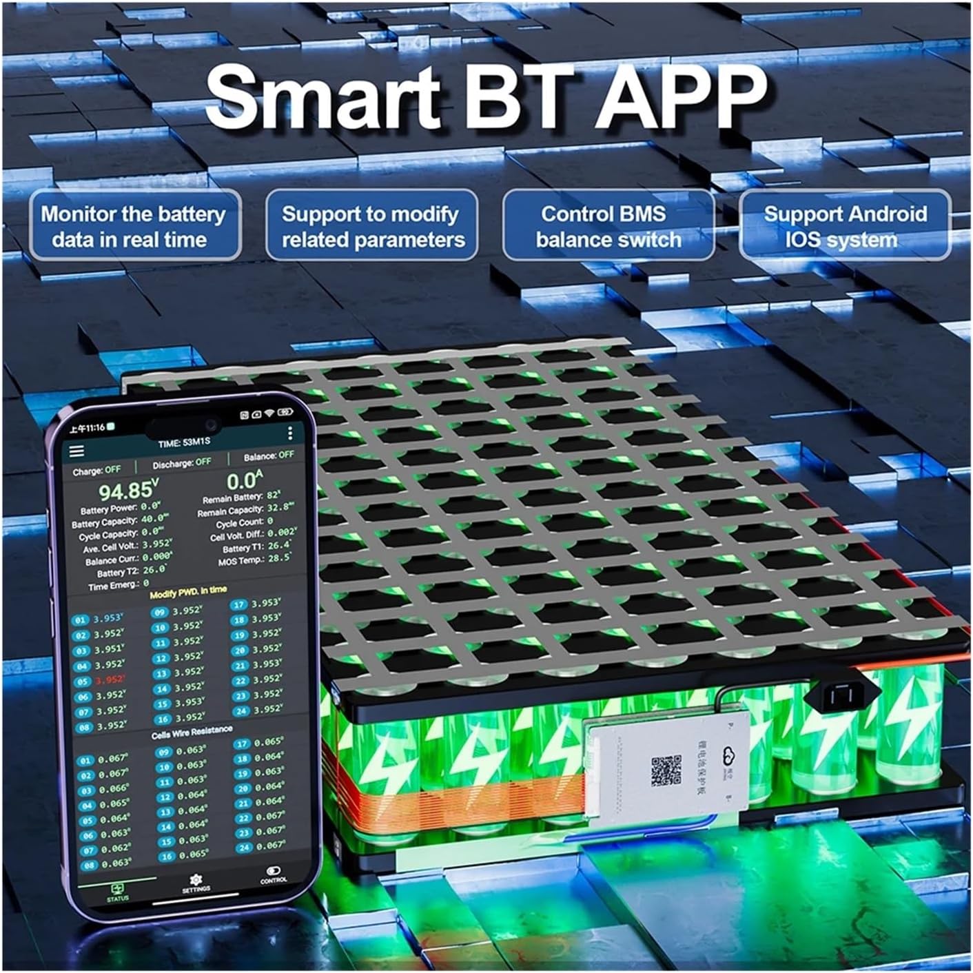 Screenshot of the Smart BT APP monitoring battery data