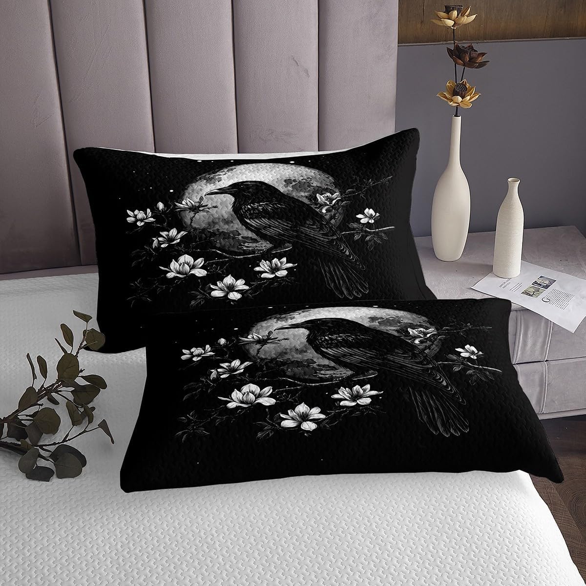 Erosebridal Gothic Raven Coverlet Set King Size Halloween Moon Bedding Set for Kids Girls Boys Vintage Florals Quilted Coverlet Mysterious Dark Black Bird Horror Wildlife Quilted