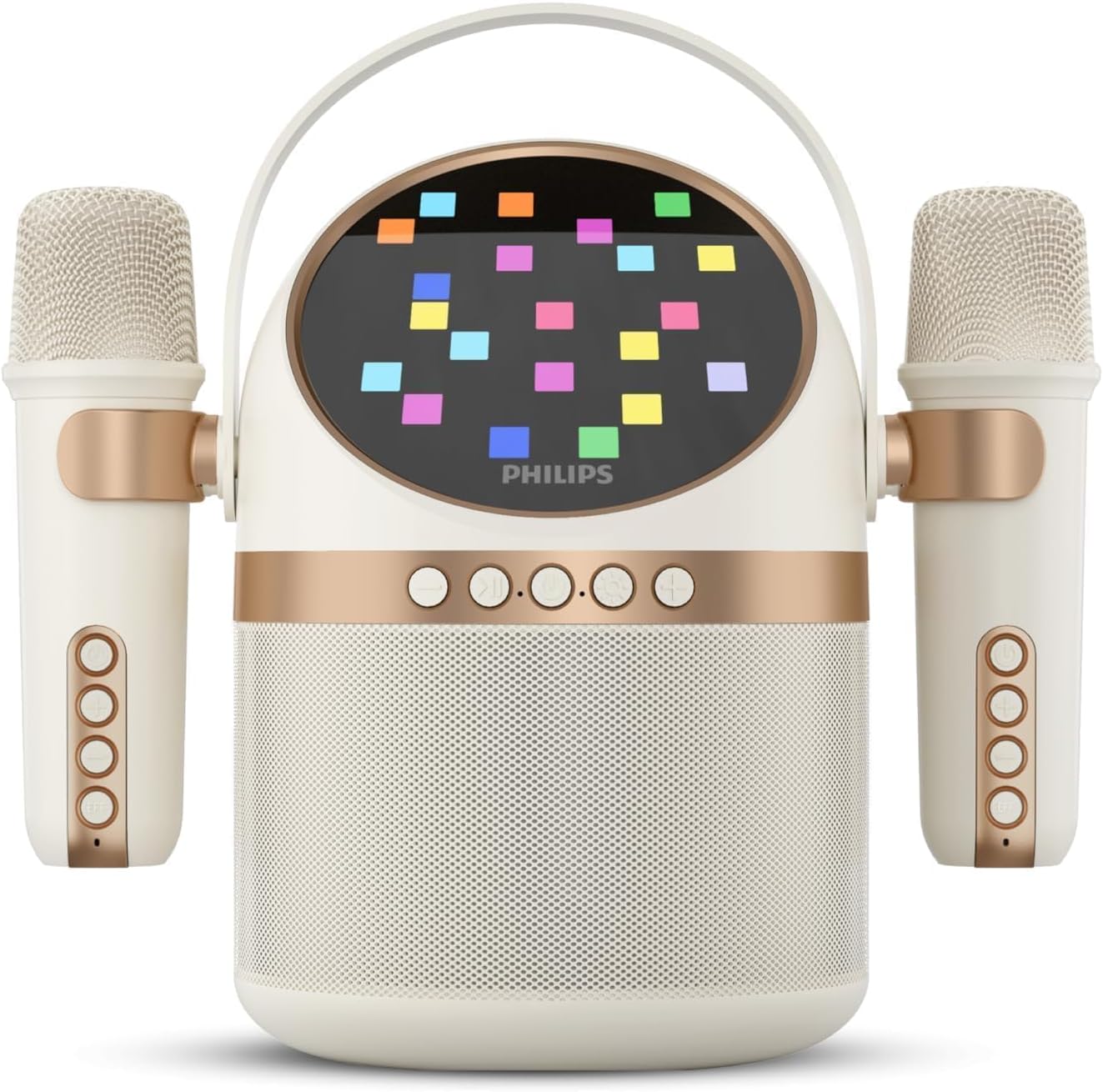 PHILIPS S2508 Portable Karaoke Machine,Party Bluetooth Speaker with 2 Karaoke Microphones,7 H Battery,Multi-Colored Light Modes with Display Screen,6 Vocal Effects,USB,AUX or TF Card Input,Mini,White