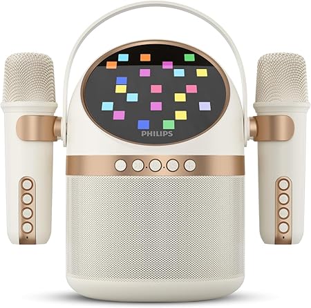PHILIPS S2508 Portable Karaoke Machine,Party Bluetooth Speaker with 2 Karaoke Microphones,7 H Battery,Multi-Colored Light Modes with Display Screen,6 Vocal Effects,USB,AUX or TF Card Input,Mini,White