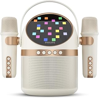 PHILIPS S2508 Portable Karaoke Machine,Party Bluetooth Speaker with 2 Karaoke Microphones,7 H Battery,Multi-Colored Light Modes with Display Screen,6 Vocal Effects,USB,AUX or TF Card Input,Mini,White