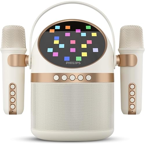 PHILIPS S2508 Portable Karaoke Machine,Party Bluetooth Speaker with 2 Karaoke Microphones,7 H Battery,Multi-Colored Light Modes with Display Screen,6 Vocal Effects,USB,AUX or TF Card Input,Mini,White
