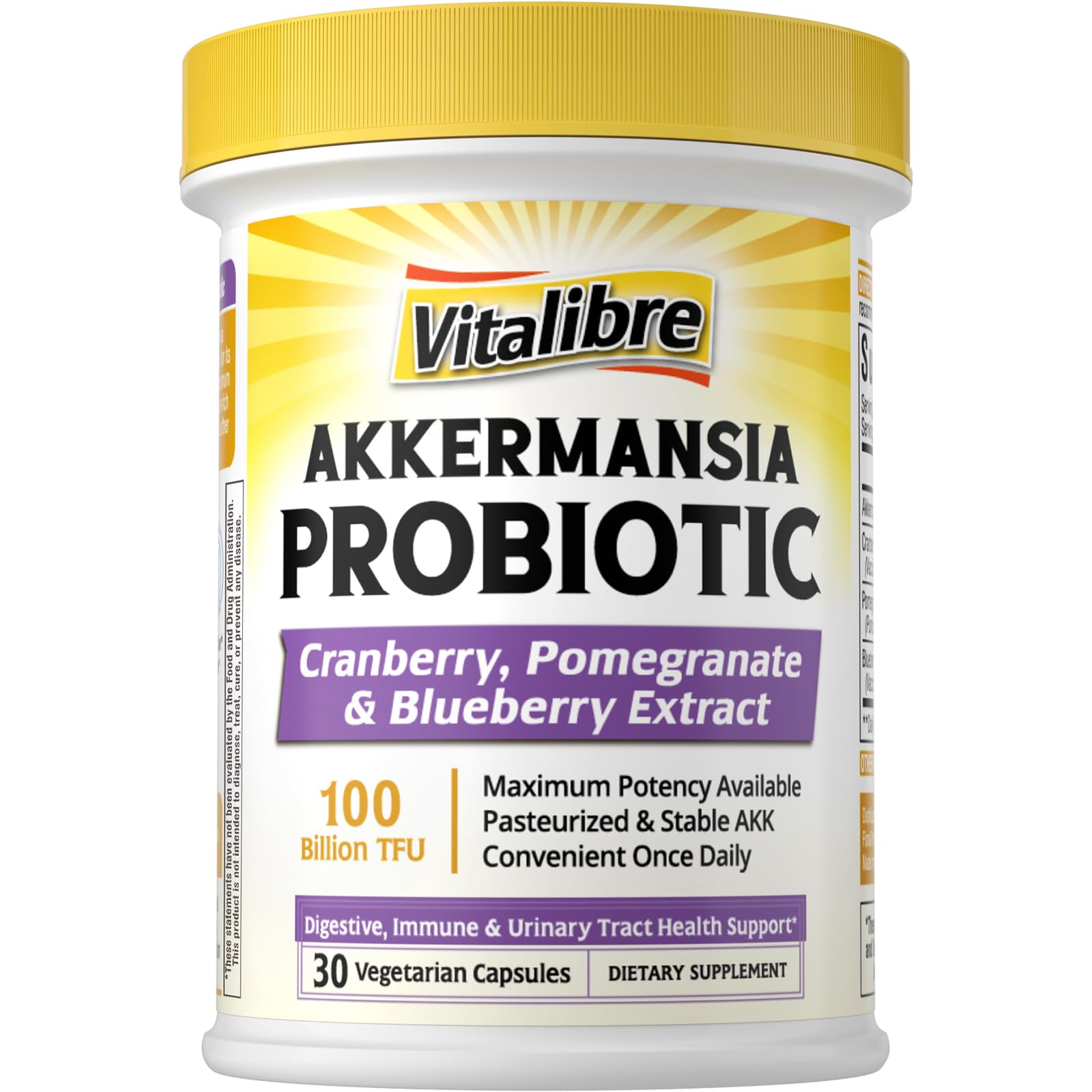 Vitalibre Akkermansia Probiotics 100 Billion TFU, Pasteurized Akkermansia Muciniphila, w/Cranberry, Blueberry & Pomegranate, Digestive & Immune Health